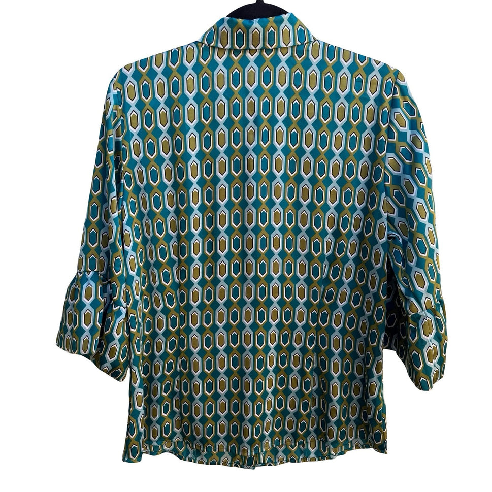 Style & Co Mod 70s Style Preppy Geometric Honeycomb Bell Sleeve Blouse Teal 12
