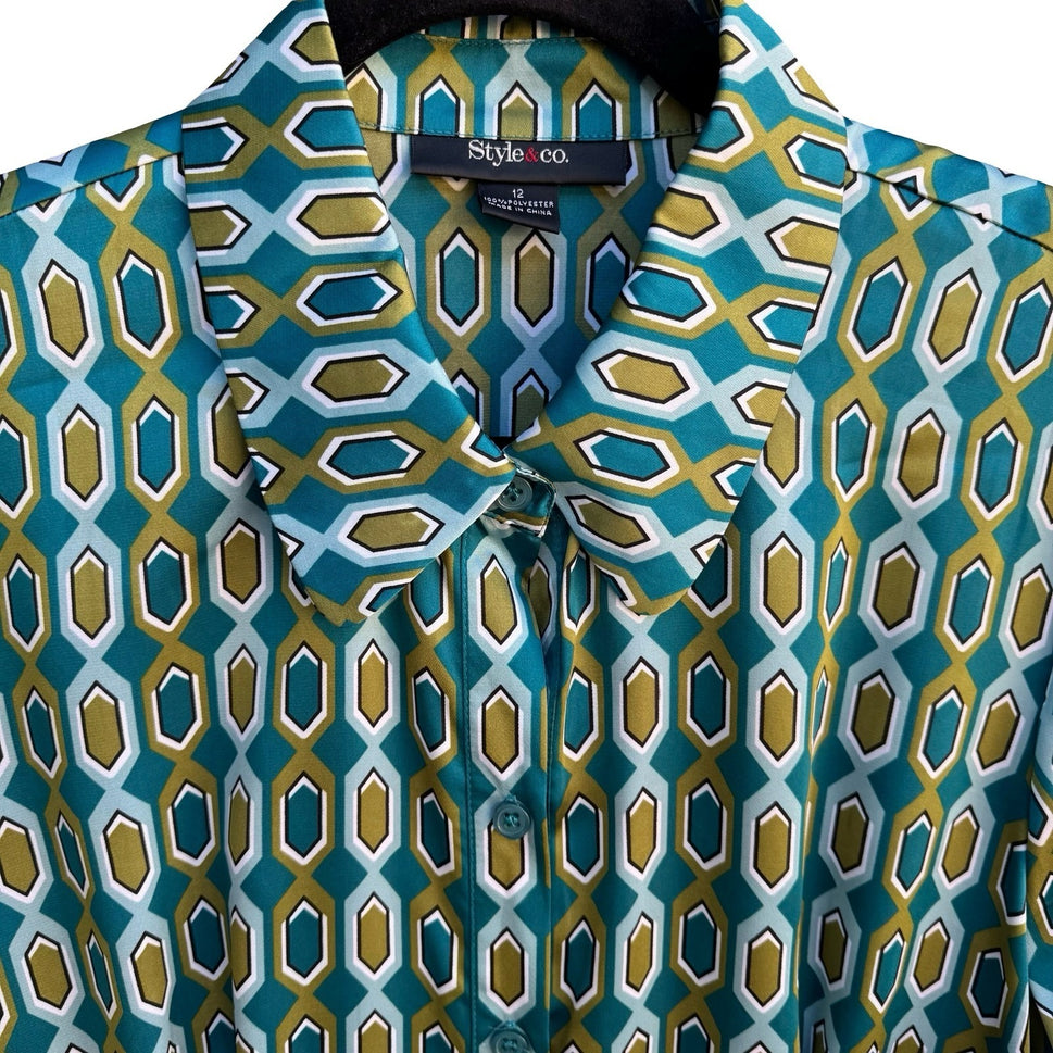 Style & Co Mod 70s Style Preppy Geometric Honeycomb Bell Sleeve Blouse Teal 12