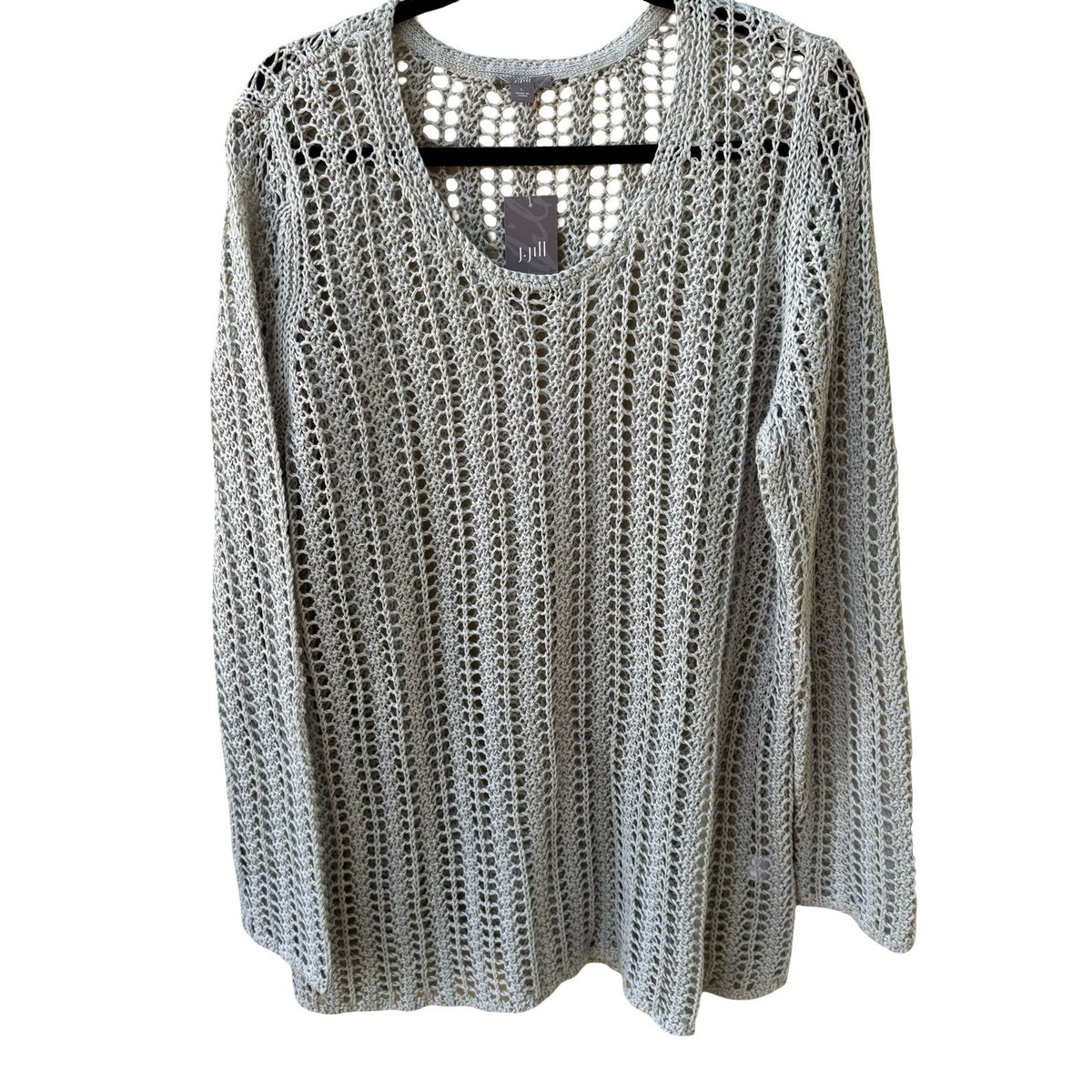 J. Jill 100% Linen Lagenlook Open Knit Mesh Coastal V-Neck Sweater Grey L NEW