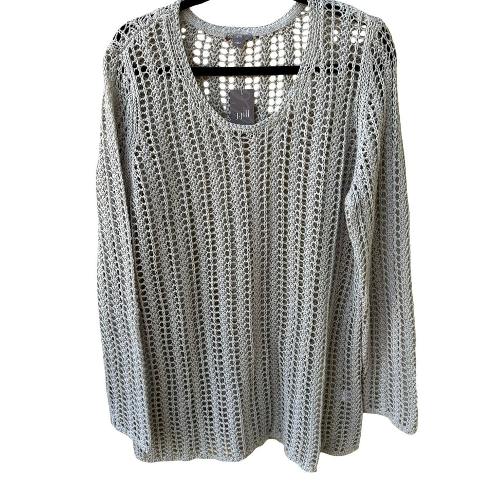 J. Jill 100% Linen Lagenlook Open Knit Mesh Coastal V-Neck Sweater Grey L NEW