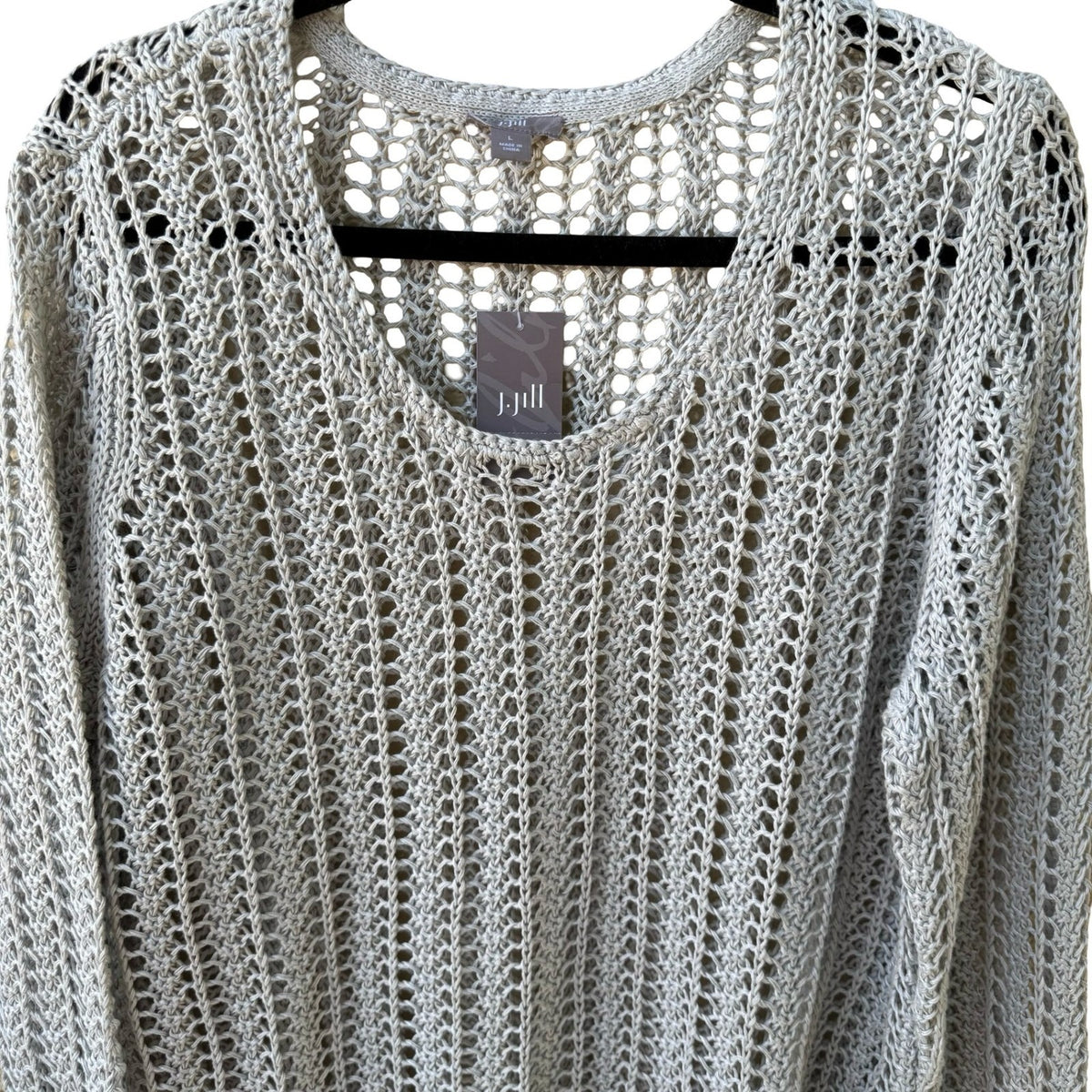 J. Jill 100% Linen Lagenlook Open Knit Mesh Coastal V-Neck Sweater Grey L NEW