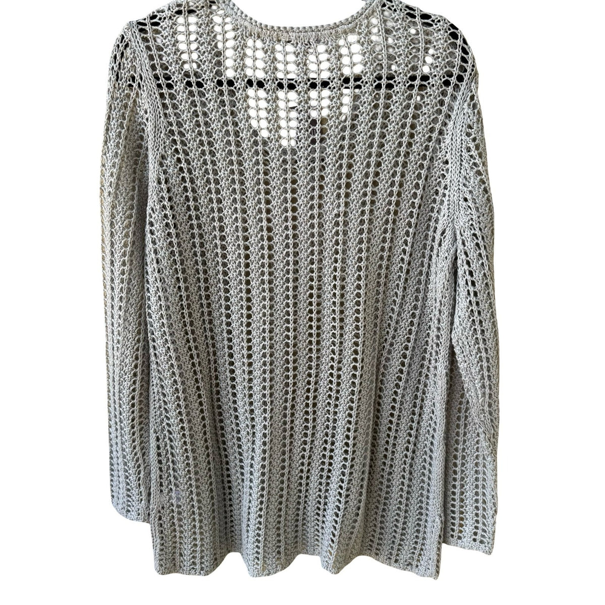 J. Jill 100% Linen Lagenlook Open Knit Mesh Coastal V-Neck Sweater Grey L NEW