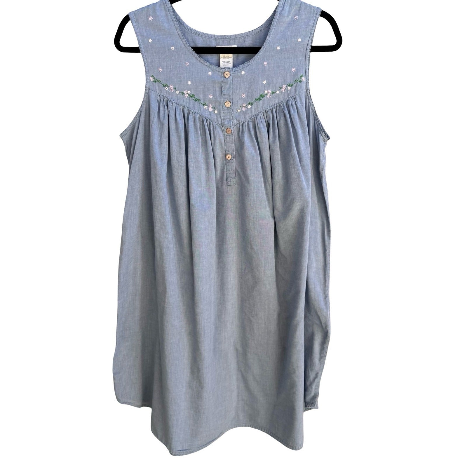 Secret Treasures Cotton Floral Embroidered Sleeveless Nightgown Cottage Blue L
