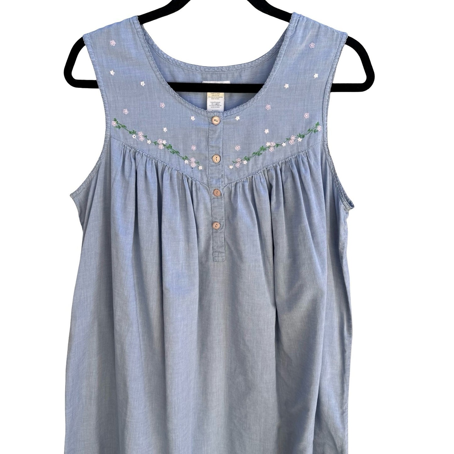 Secret Treasures Cotton Floral Embroidered Sleeveless Nightgown Cottage Blue L