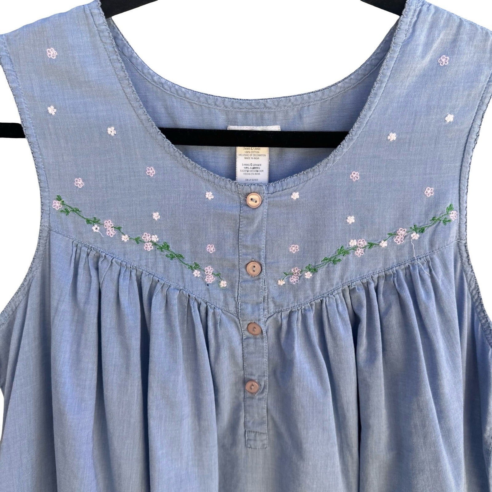 Secret Treasures Cotton Floral Embroidered Sleeveless Nightgown Cottage Blue L