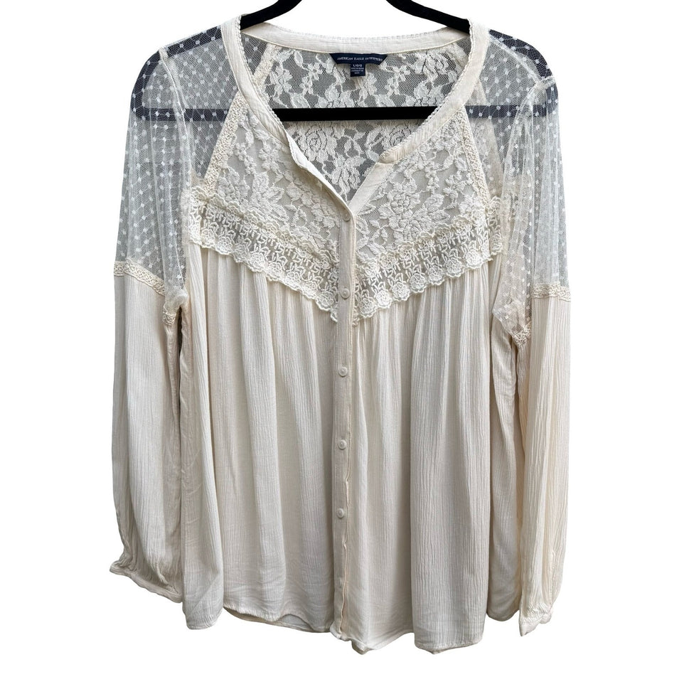 American Eagle Boho Cottagecore Fairycore Lace Mesh Sheer Peasant Blouse Cream L