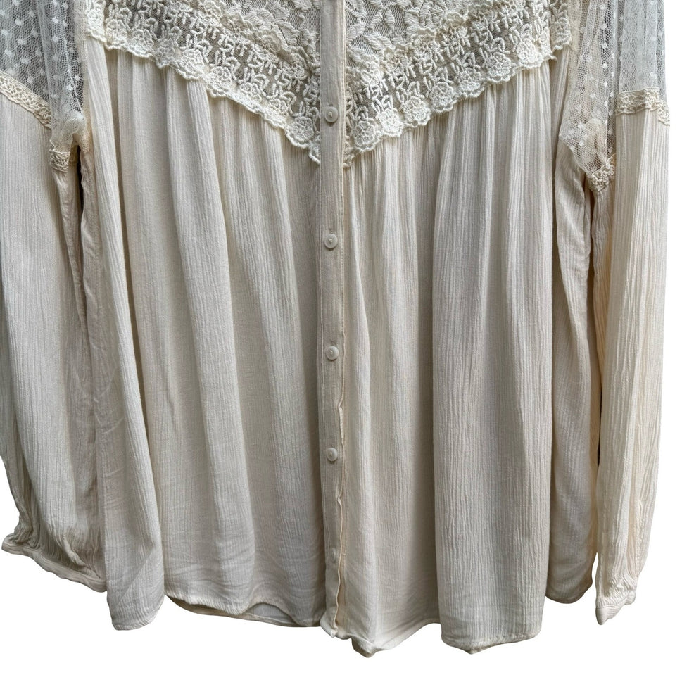 American Eagle Boho Cottagecore Fairycore Lace Mesh Sheer Peasant Blouse Cream L