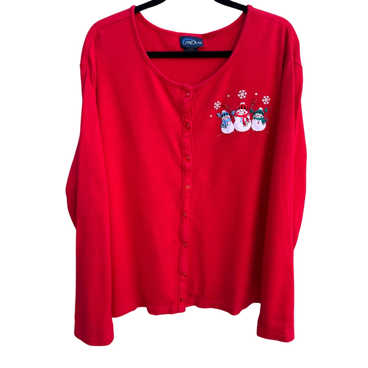 Lasolas Vintage Womens Red Button-Up Snowman Embroidered Long Sleeve Cardigan 1XL