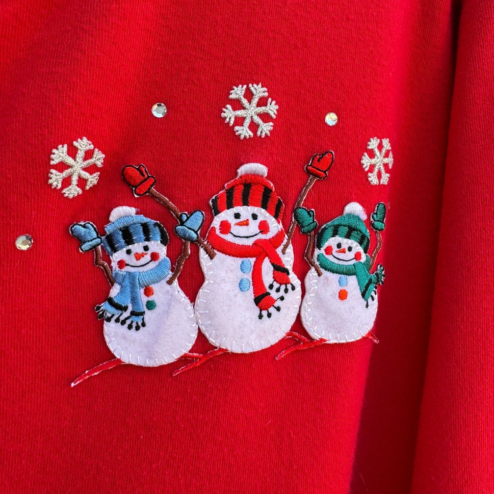 Lasolas Vintage Womens Red Button-Up Snowman Embroidered Long Sleeve Cardigan 1XL