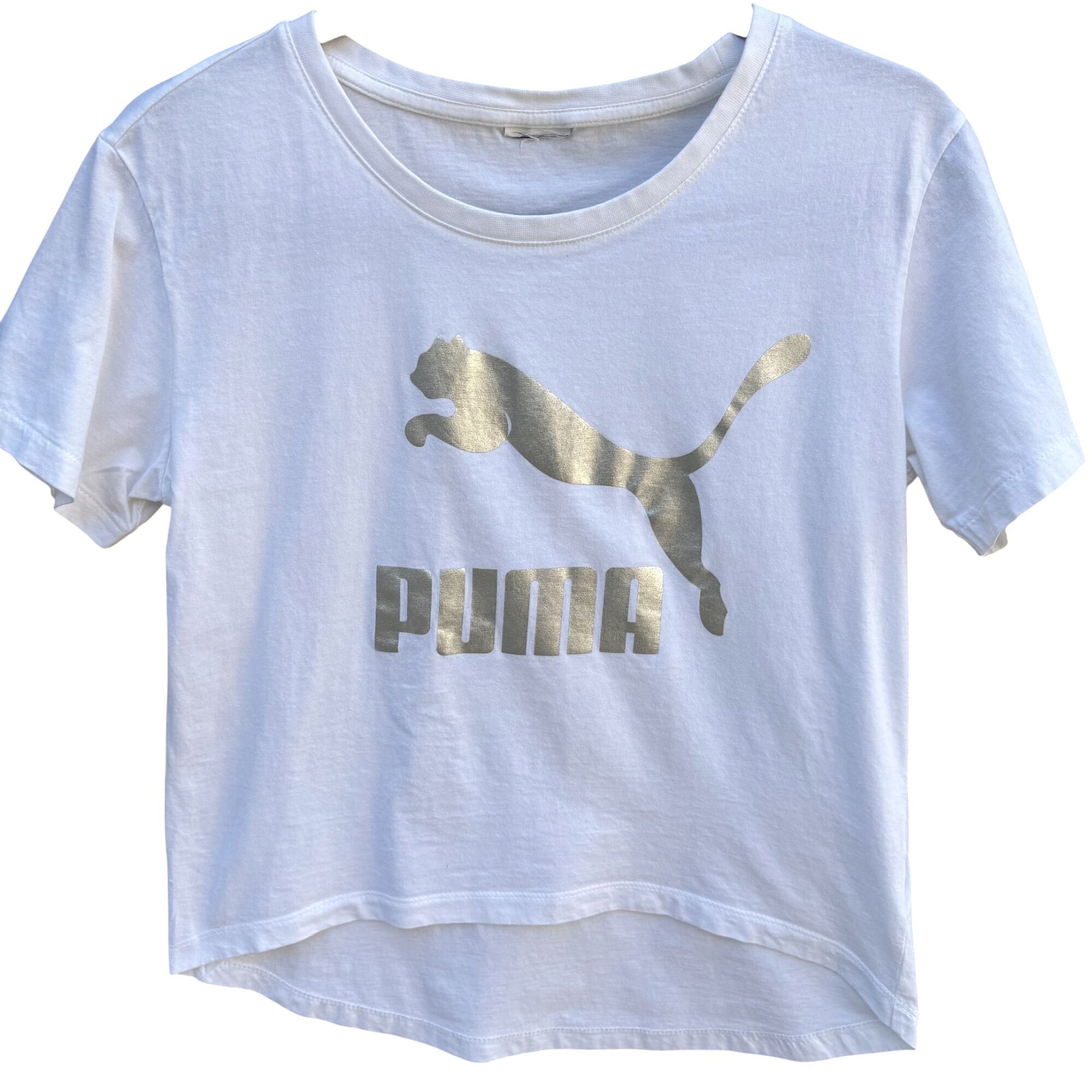 Puma Metallic Silver Logo High Low Athleisure White Crop Top Short Sleeve Casual