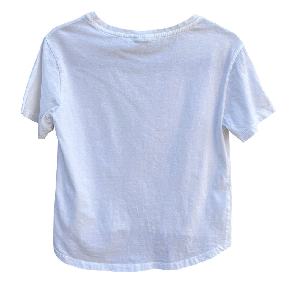 Puma Metallic Silver Logo High Low Athleisure White Crop Top Short Sleeve Casual