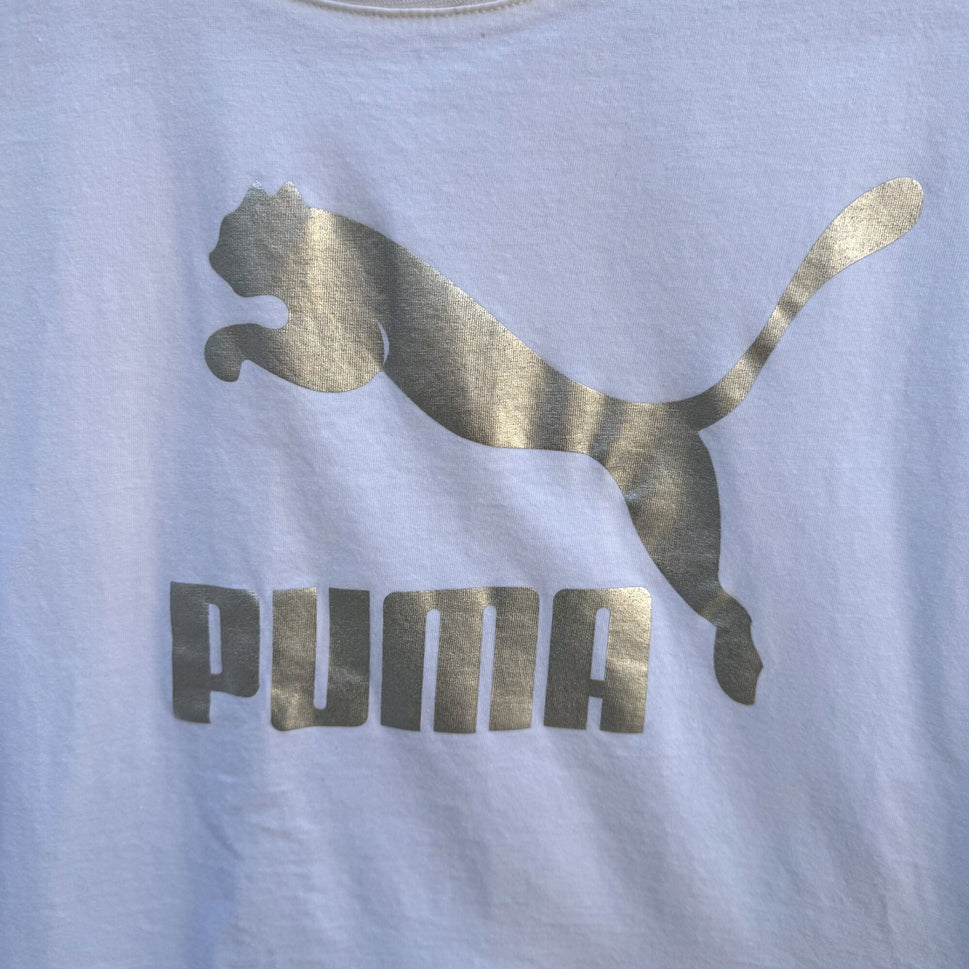 Puma Metallic Silver Logo High Low Athleisure White Crop Top Short Sleeve Casual