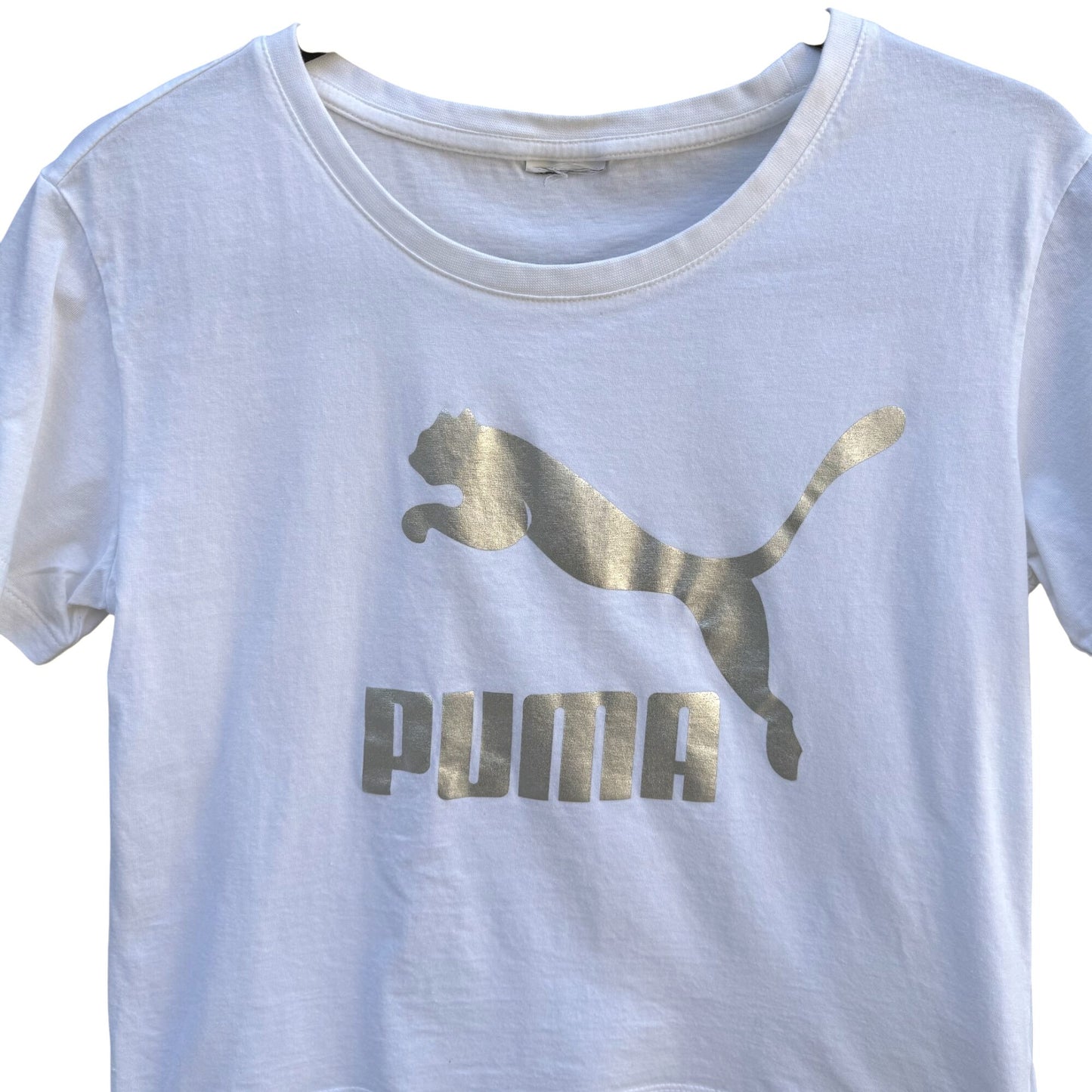 Puma Metallic Silver Logo High Low Athleisure White Crop Top Short Sleeve Casual