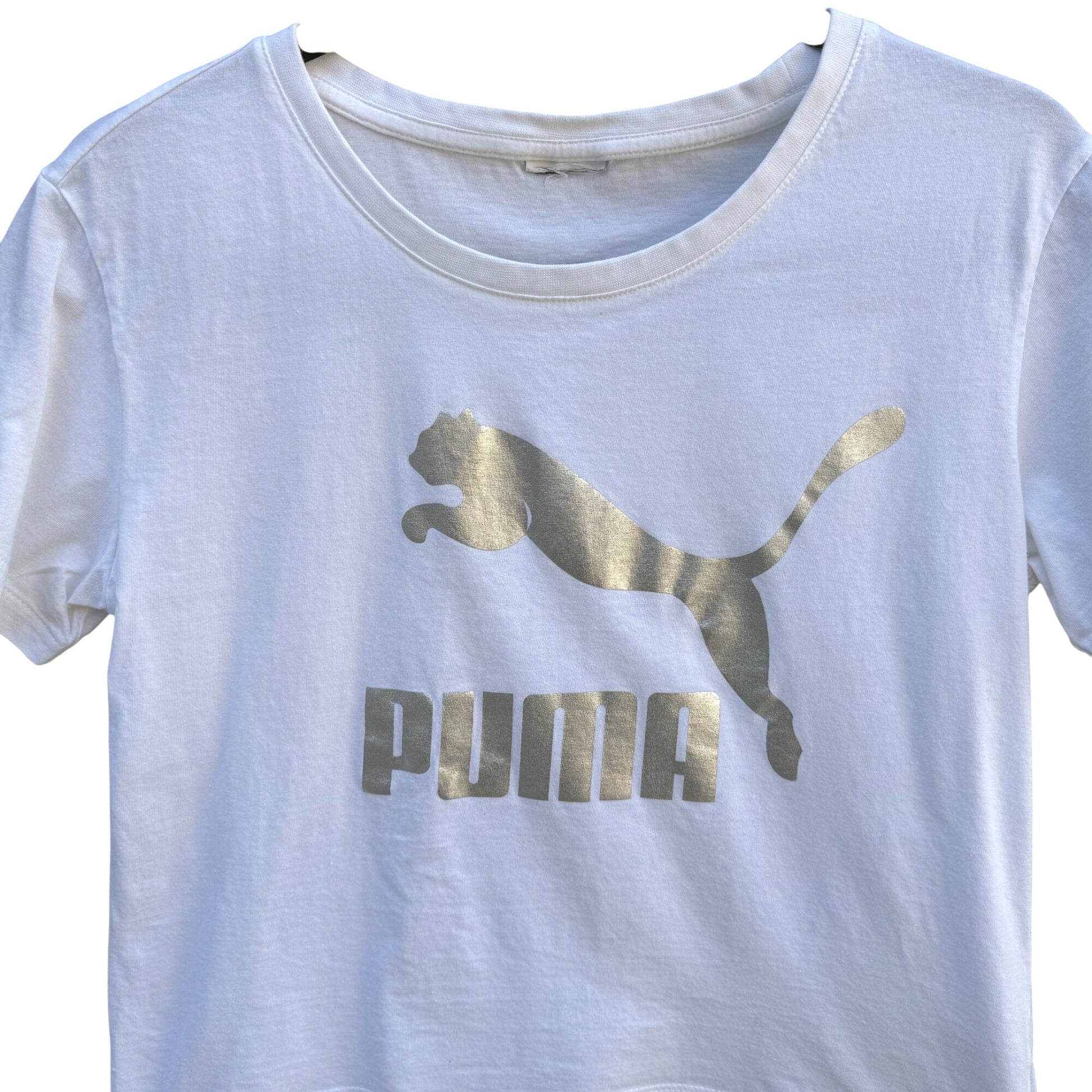 Puma Metallic Silver Logo High Low Athleisure White Crop Top Short Sleeve Casual