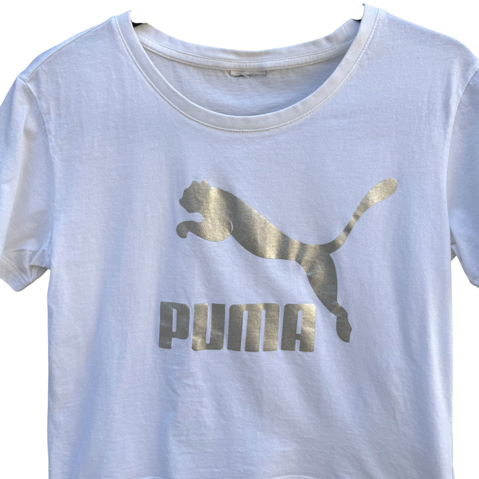Puma Metallic Silver Logo High Low Athleisure White Crop Top Short Sleeve Casual