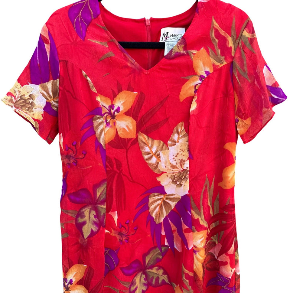 Maggie Sweet Vintage 90s Red Tropical Floral Chiffon Midi Dress Petite Small