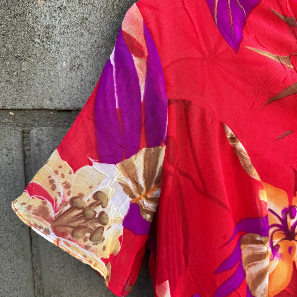 Maggie Sweet Vintage 90s Red Tropical Floral Chiffon Midi Dress Petite Small