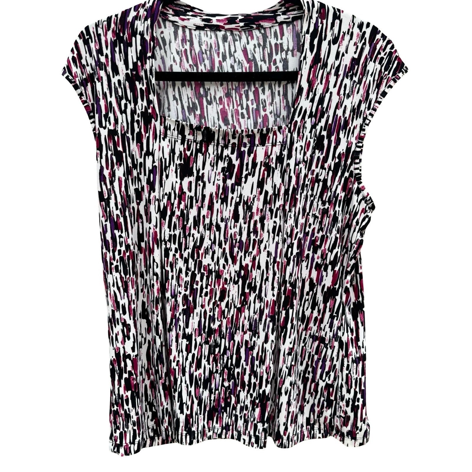 Abstract Brushstroke Square Neck Sleeveless Knit Top Black Magenta Purple Large