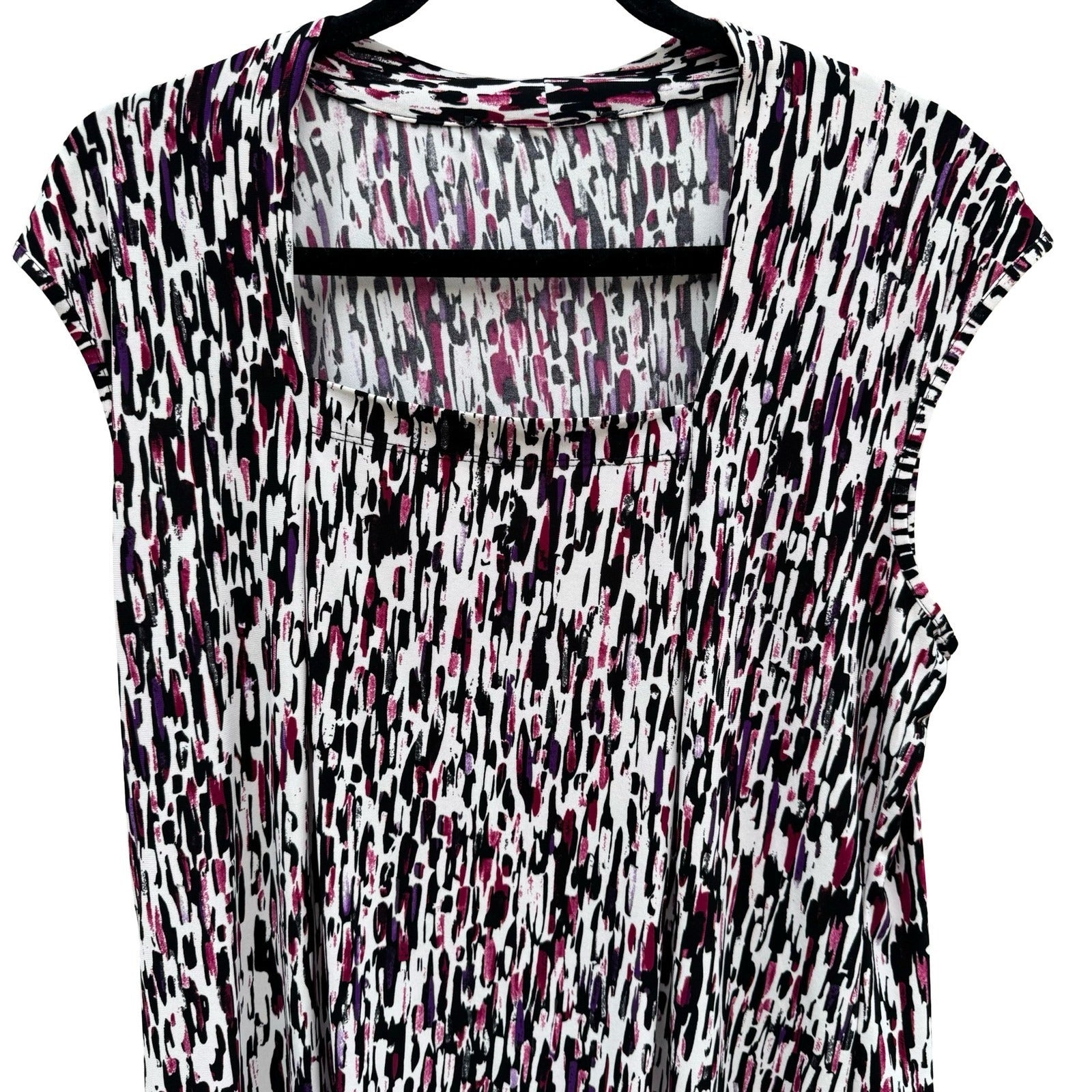 Abstract Brushstroke Square Neck Sleeveless Knit Top Black Magenta Purple Large