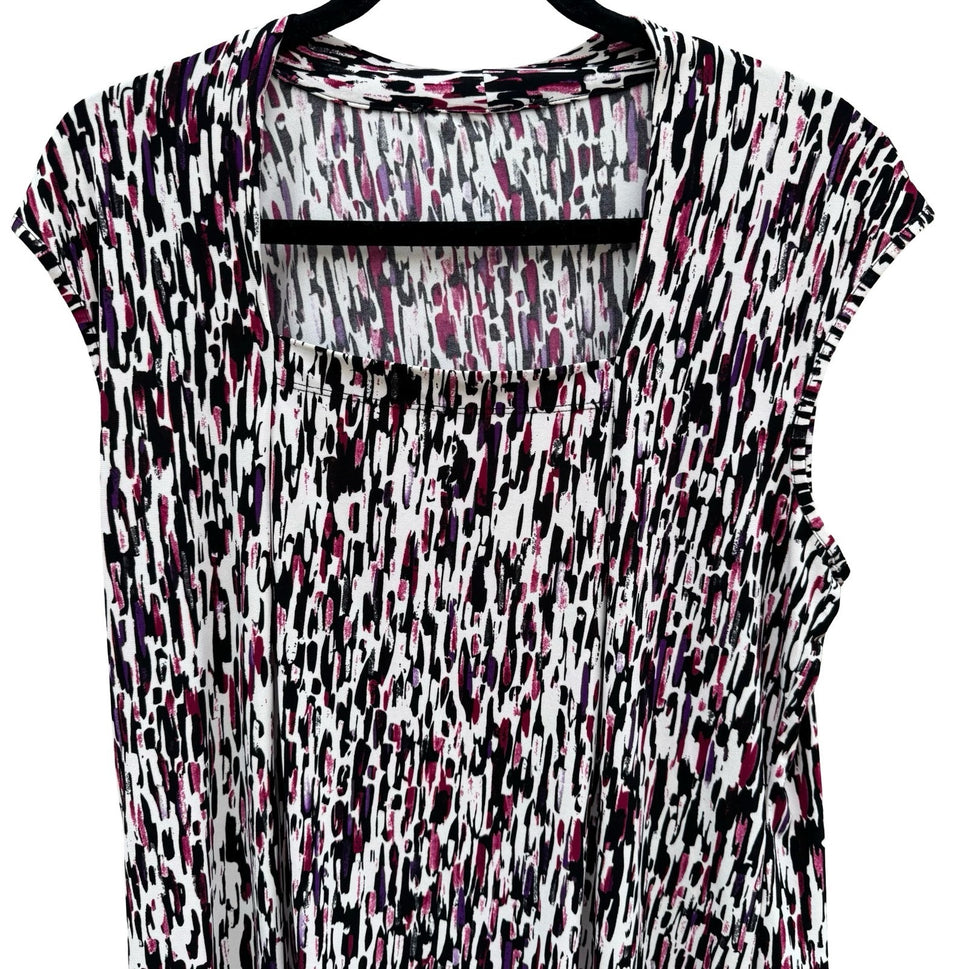 Abstract Brushstroke Square Neck Sleeveless Knit Top Black Magenta Purple Large