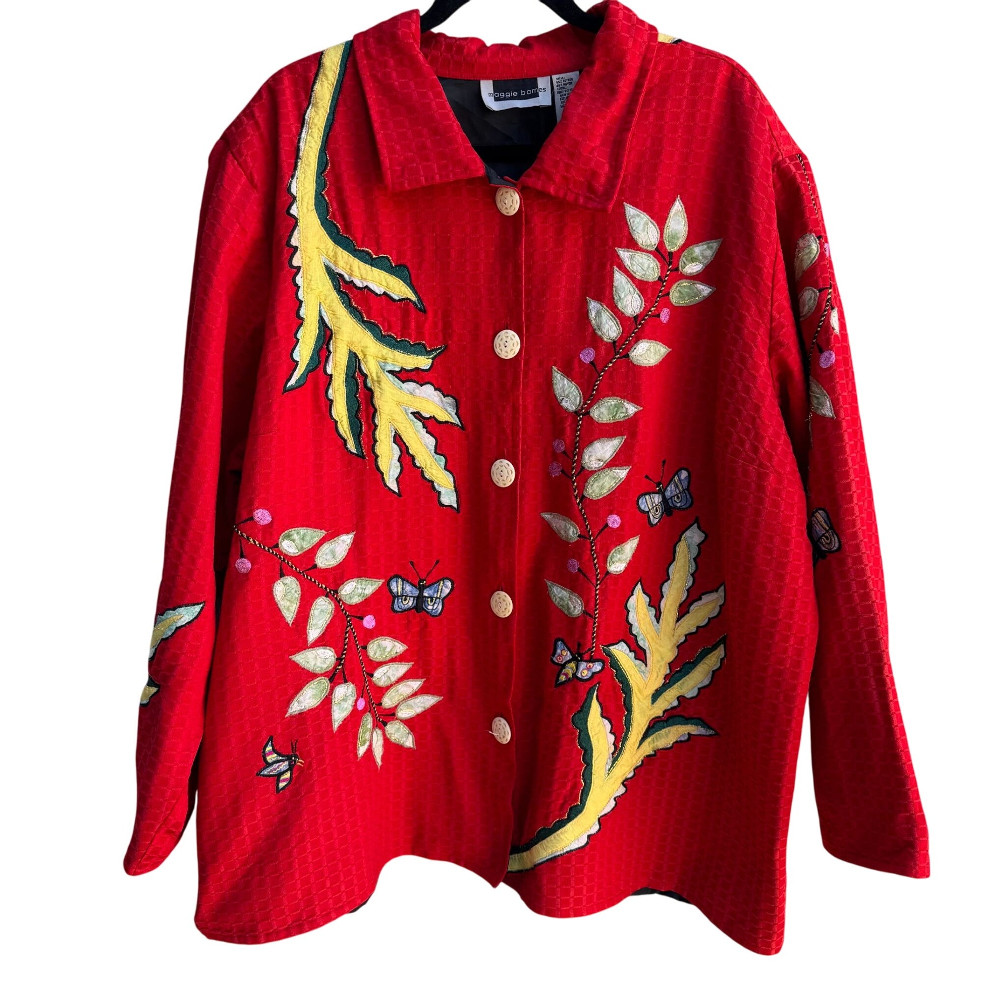 Maggie Barnes Red Embroidered Leaf Butterfly Quilted Button Long Sleeve Jacket 4X