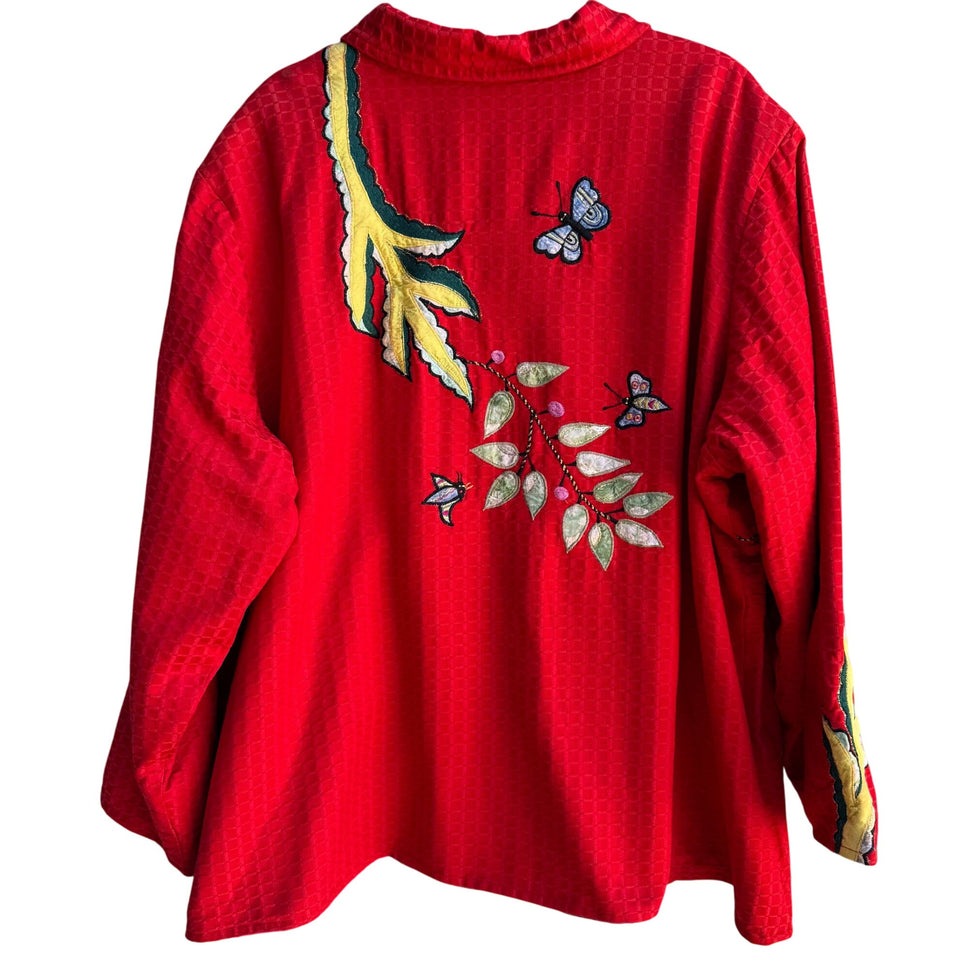 Maggie Barnes Red Embroidered Leaf Butterfly Quilted Button Long Sleeve Jacket 4X