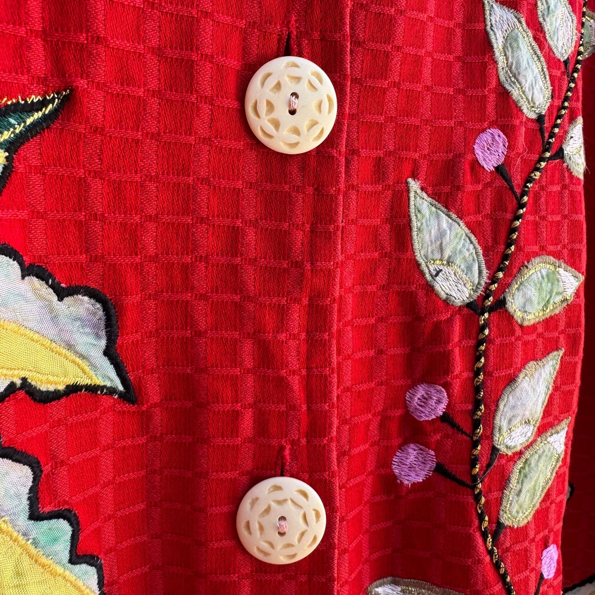 Maggie Barnes Red Embroidered Leaf Butterfly Quilted Button Long Sleeve Jacket 4X