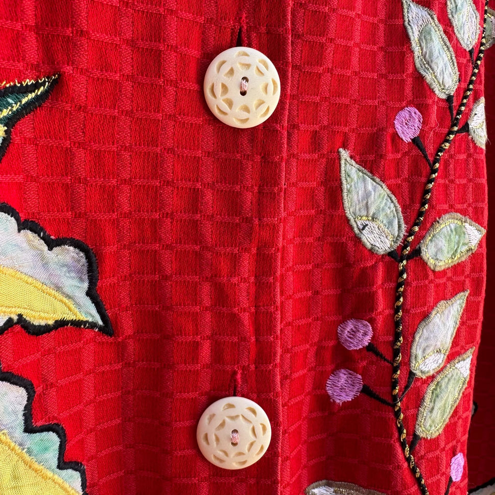 Maggie Barnes Red Embroidered Leaf Butterfly Quilted Button Long Sleeve Jacket 4X