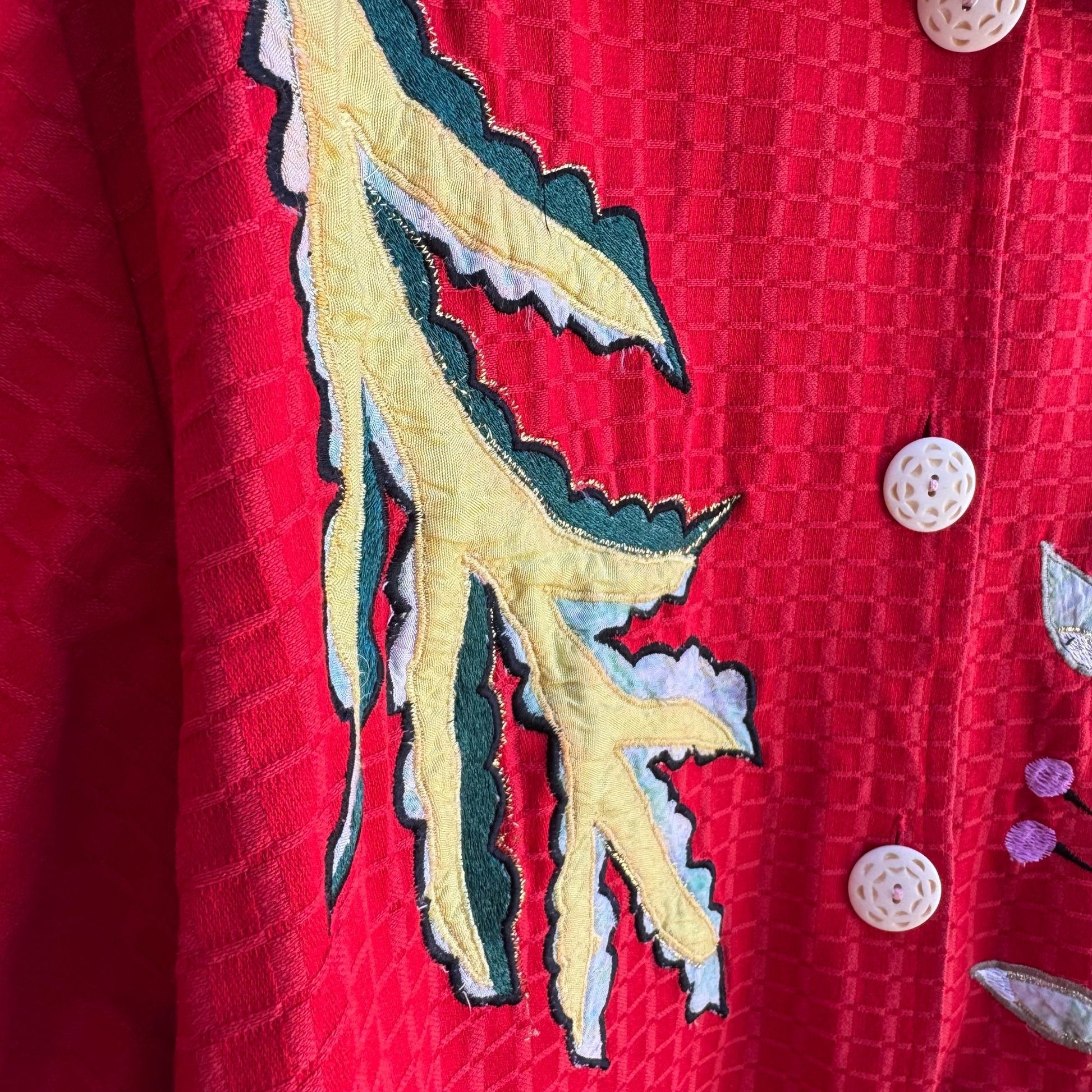 Maggie Barnes Red Embroidered Leaf Butterfly Quilted Button Long Sleeve Jacket 4X