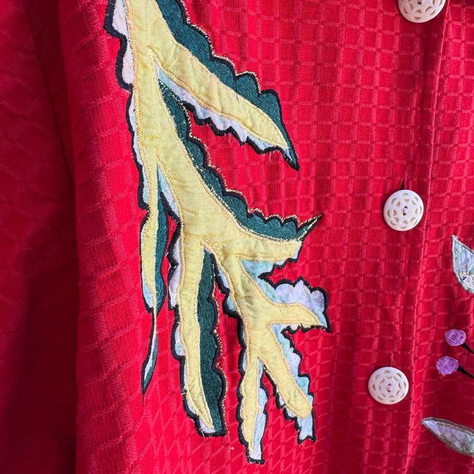 Maggie Barnes Red Embroidered Leaf Butterfly Quilted Button Long Sleeve Jacket 4X