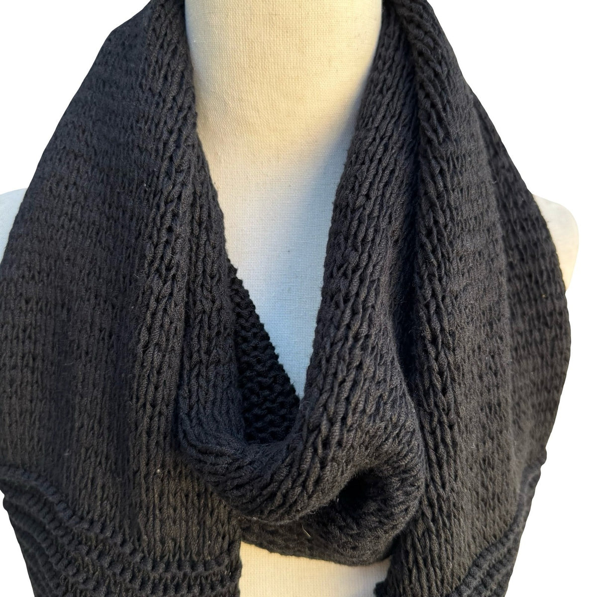 Filippa Silk Cotton Blend Open Knit Boho Minimalist Goth Tassel Scarf Black OS