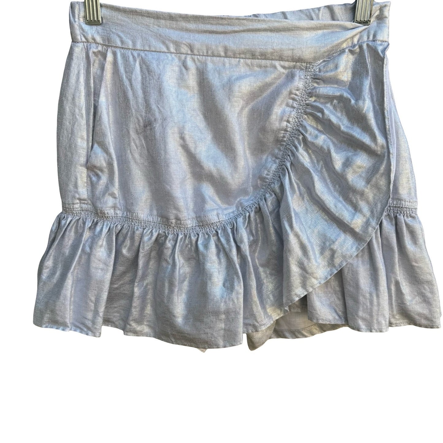 Zara Metallic Silver Ruffle Linen Blend Festival Disco Shiny Micro Mini Skort XS