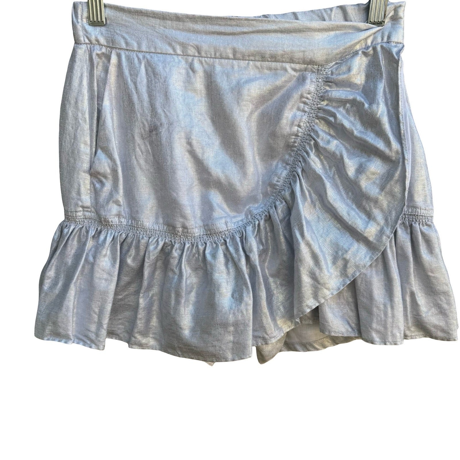 Zara Metallic Silver Ruffle Linen Blend Festival Disco Shiny Micro Mini Skort XS