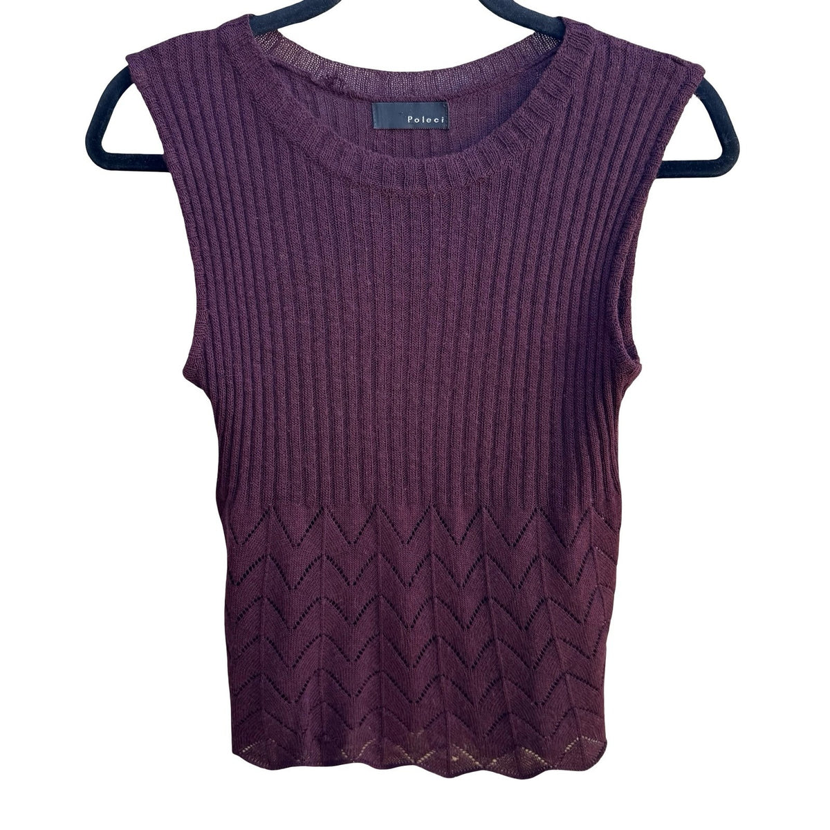 Poleci Y2K Whimsigoth Ribbed Chevron Pointelle Knit Sleeveless Top Burgundy M