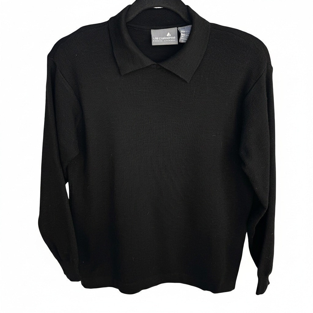 Liz Claiborne Vintage 90s Black Wool Blend Polo Collar Long Sleeve Sweater PS