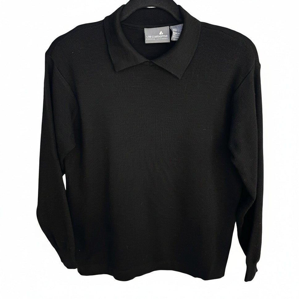 Liz Claiborne Vintage 90s Black Wool Blend Polo Collar Long Sleeve Sweater PS