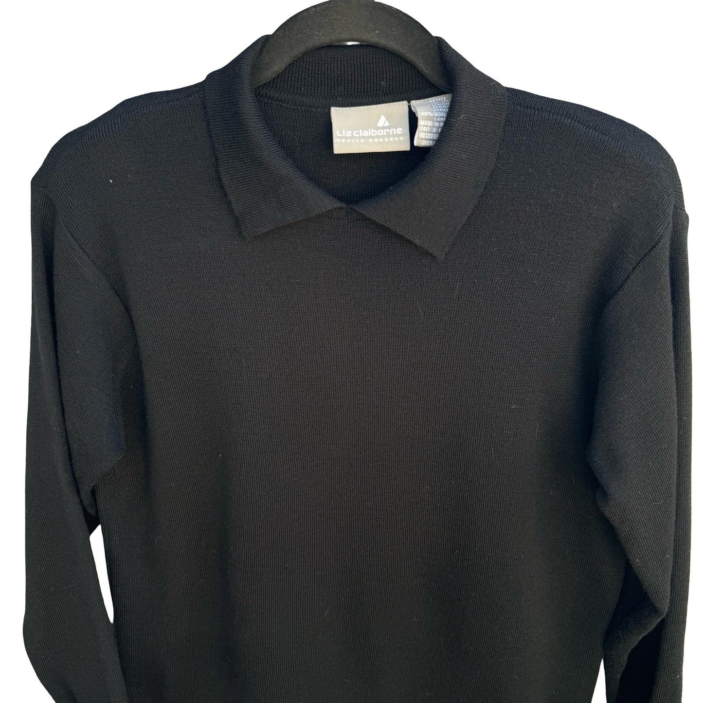 Liz Claiborne Vintage 90s Black Wool Blend Polo Collar Long Sleeve Sweater PS