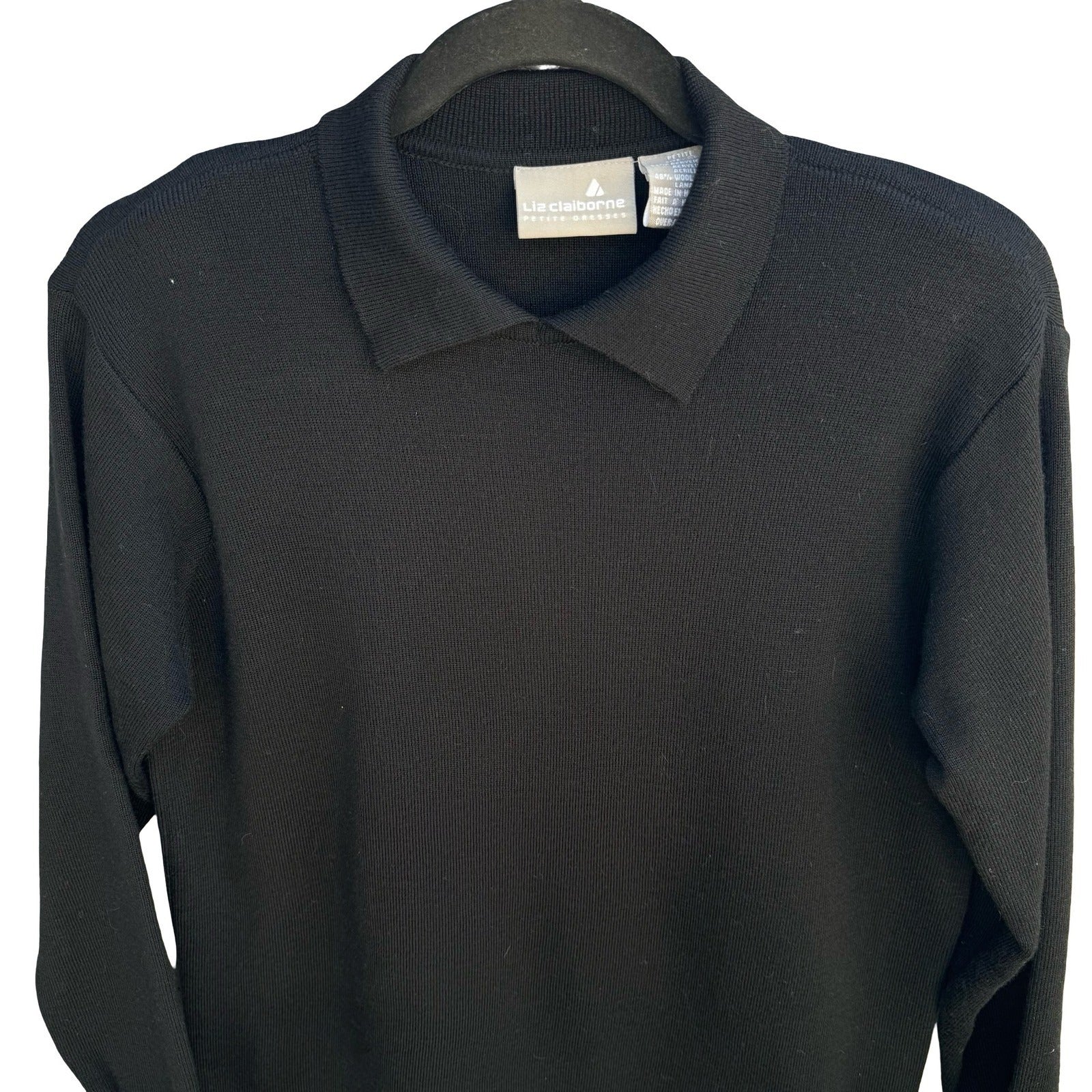 Liz Claiborne Vintage 90s Black Wool Blend Polo Collar Long Sleeve Sweater PS