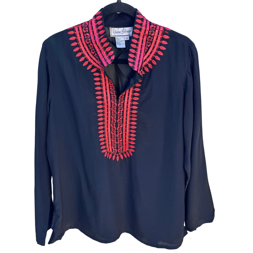Diane Gilman Womens Black 100% Silk Embroidered Split Neck Blouse Top Size M NEW