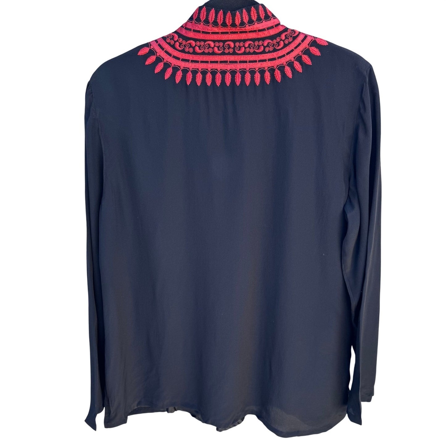 Diane Gilman Womens Black 100% Silk Embroidered Split Neck Blouse Top Size M NEW