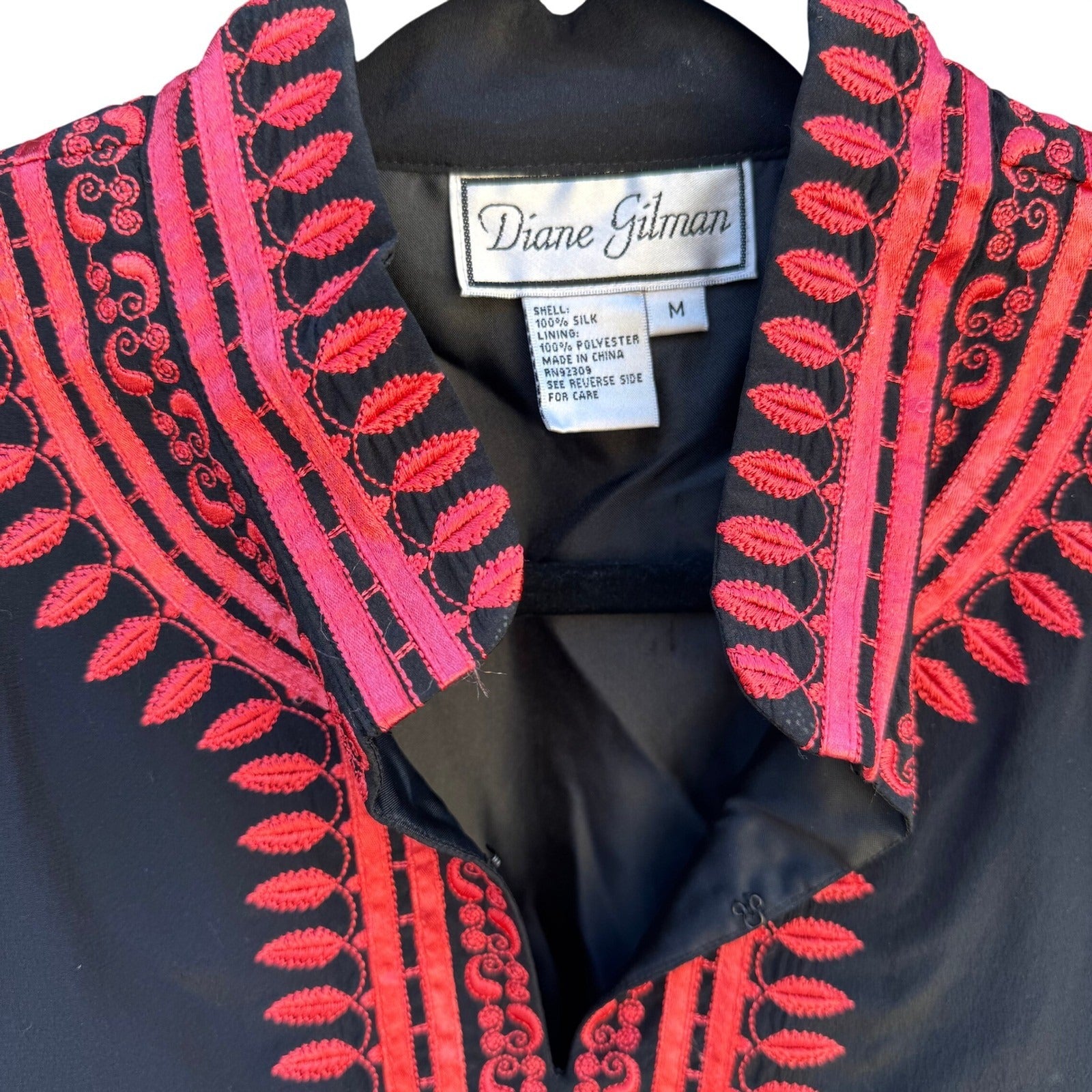 Diane Gilman Womens Black 100% Silk Embroidered Split Neck Blouse Top Size M NEW