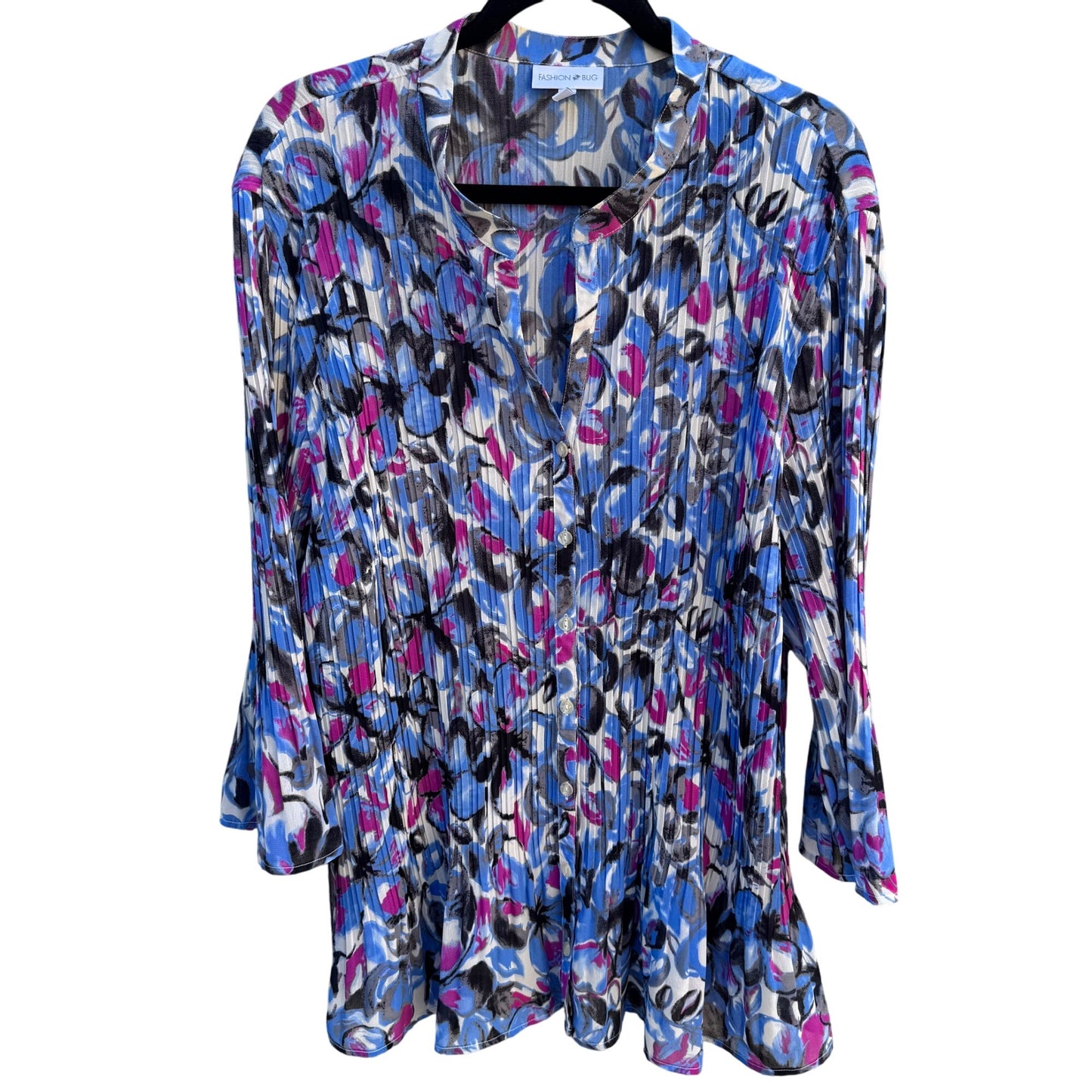 Fashion Bug Womens 3X Pleated Button-Up Flared Sleeve Vibrant Abstract Blouse