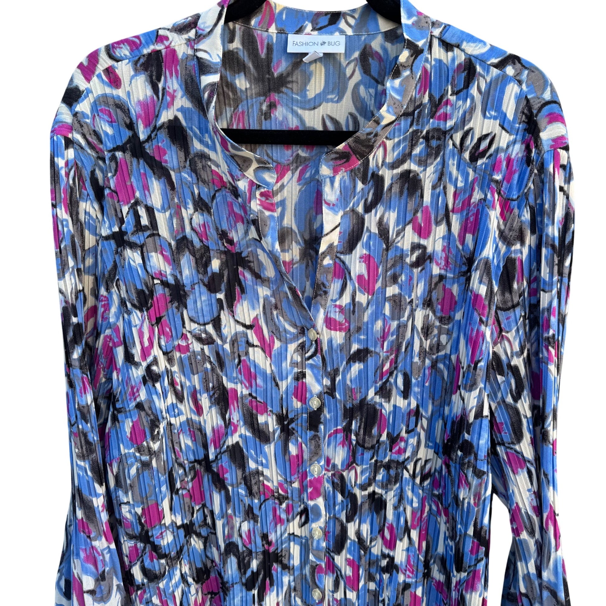 Fashion Bug Womens 3X Pleated Button-Up Flared Sleeve Vibrant Abstract Blouse