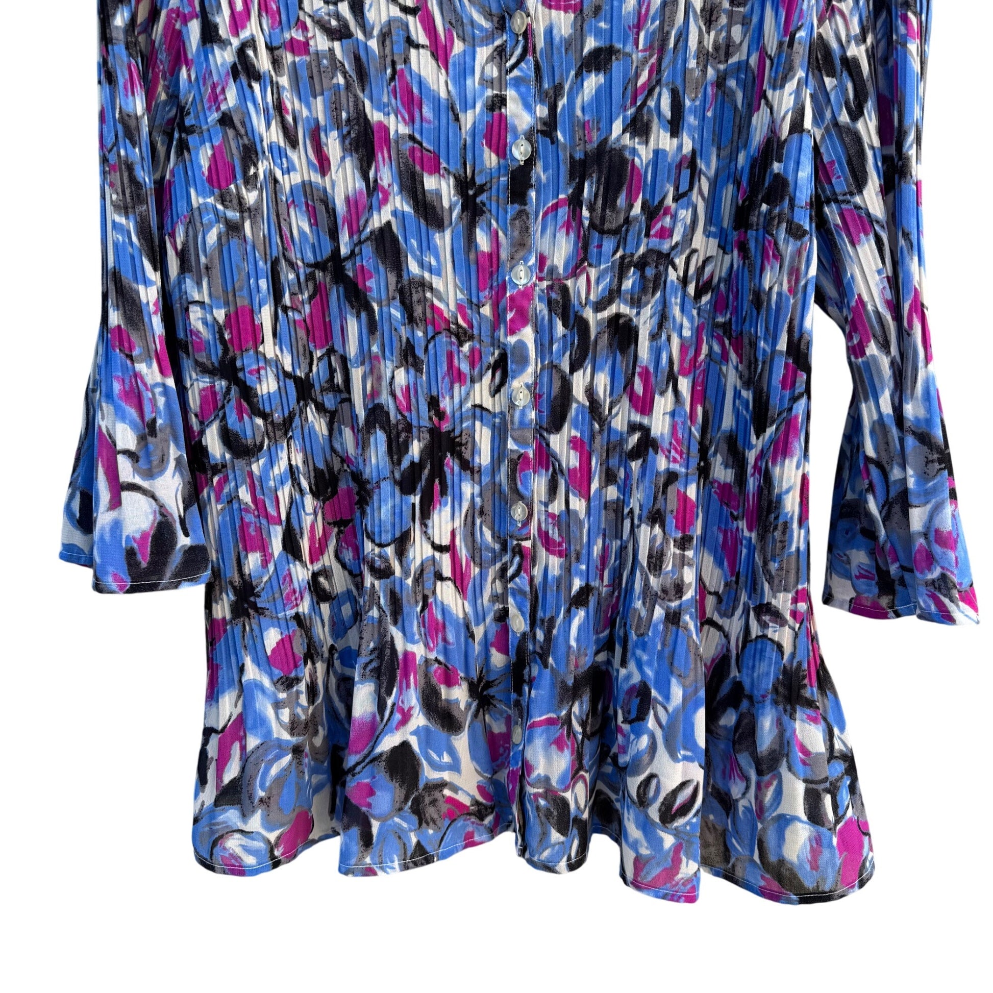 Fashion Bug Womens 3X Pleated Button-Up Flared Sleeve Vibrant Abstract Blouse