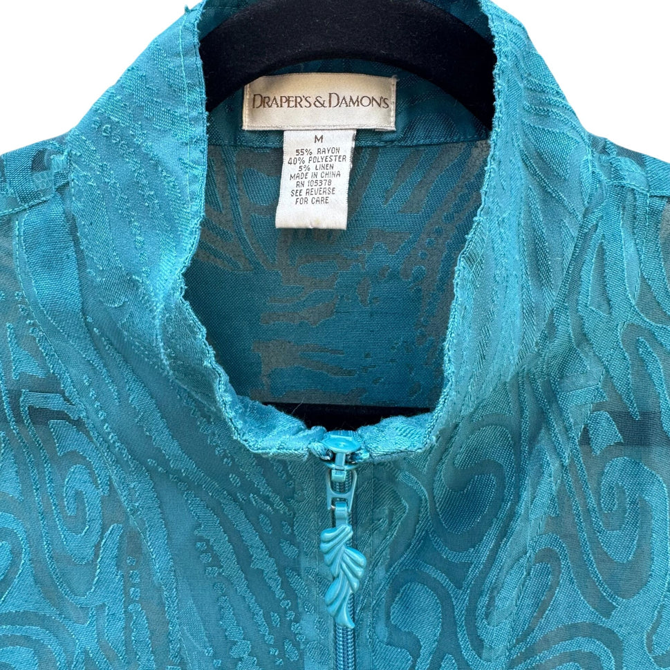 Drapers & Damons Sheer Teal Lightweight Floral Button Cuffs Zip Closure Jacket M