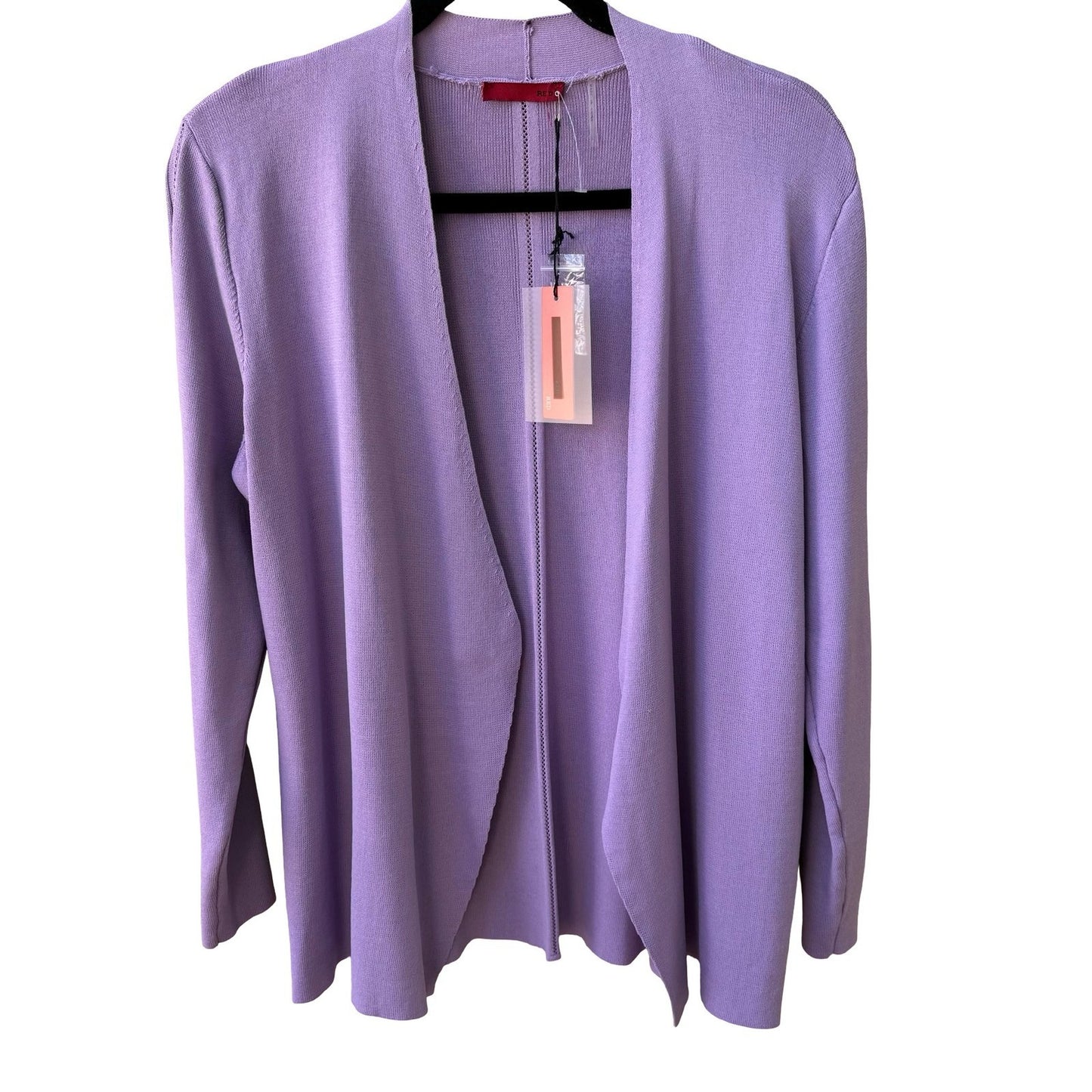 RED Minimalist Open Front Pointelle Trim Cardigan Sweater Pastel Lavender L NWT