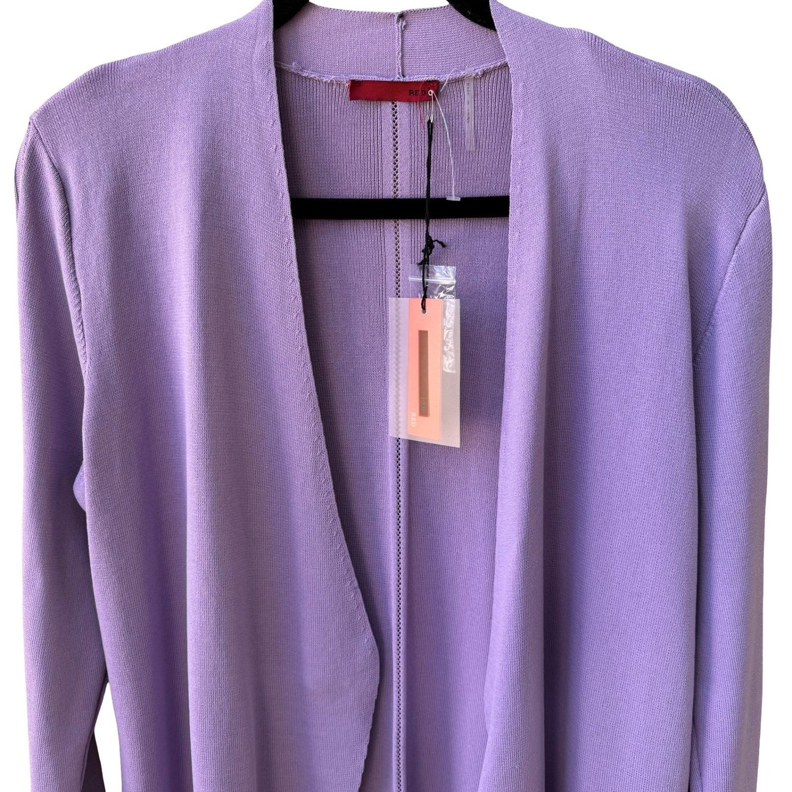 RED Minimalist Open Front Pointelle Trim Cardigan Sweater Pastel Lavender L NWT