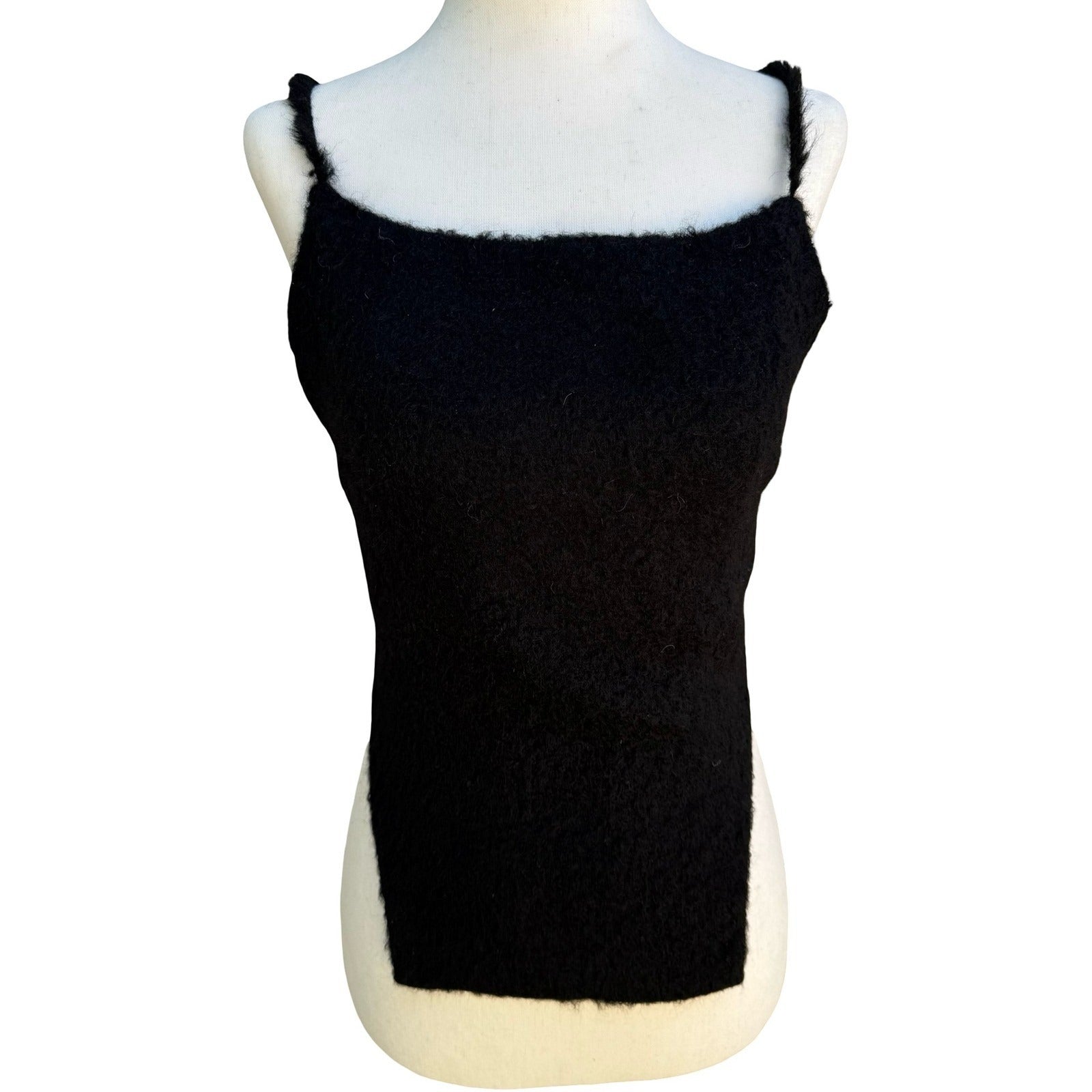 Goth Y2K Black Fuzzy Knit Backless Tie Crop Camisole Top Emo Grunge Whimsigoth M