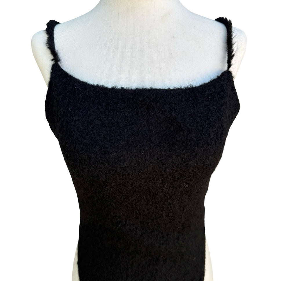 Goth Y2K Black Fuzzy Knit Backless Tie Crop Camisole Top Emo Grunge Whimsigoth M