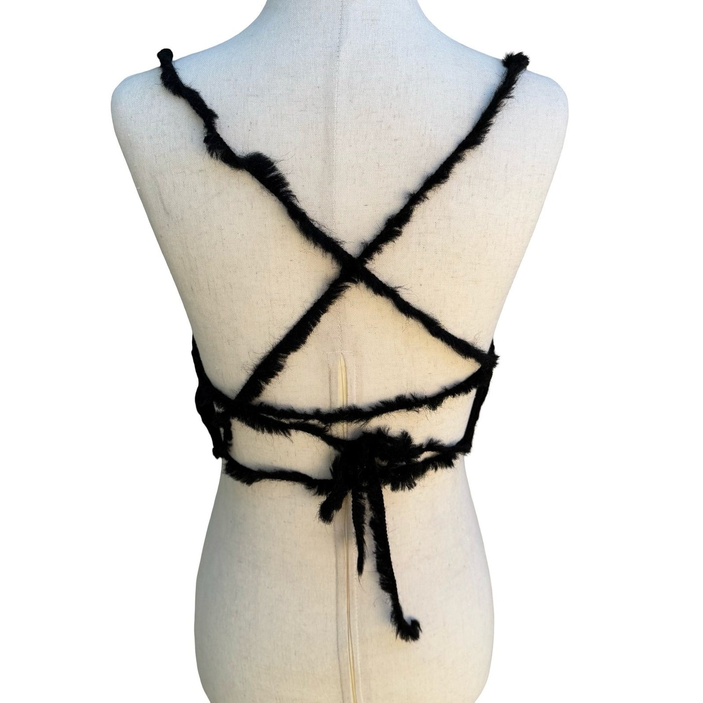 Goth Y2K Black Fuzzy Knit Backless Tie Crop Camisole Top Emo Grunge Whimsigoth M